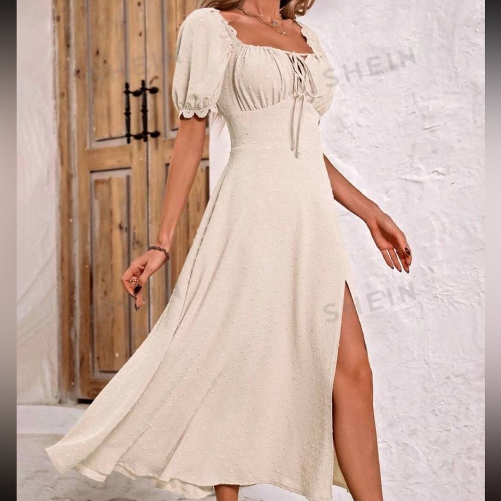 Solid Color Puff Sleeve Summer Dress Front Side Split 
Apricot / US Size 12(XL)